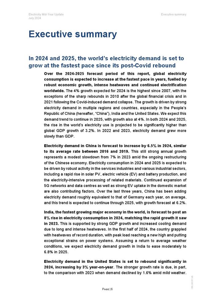 IEA：2024年年中电力报告