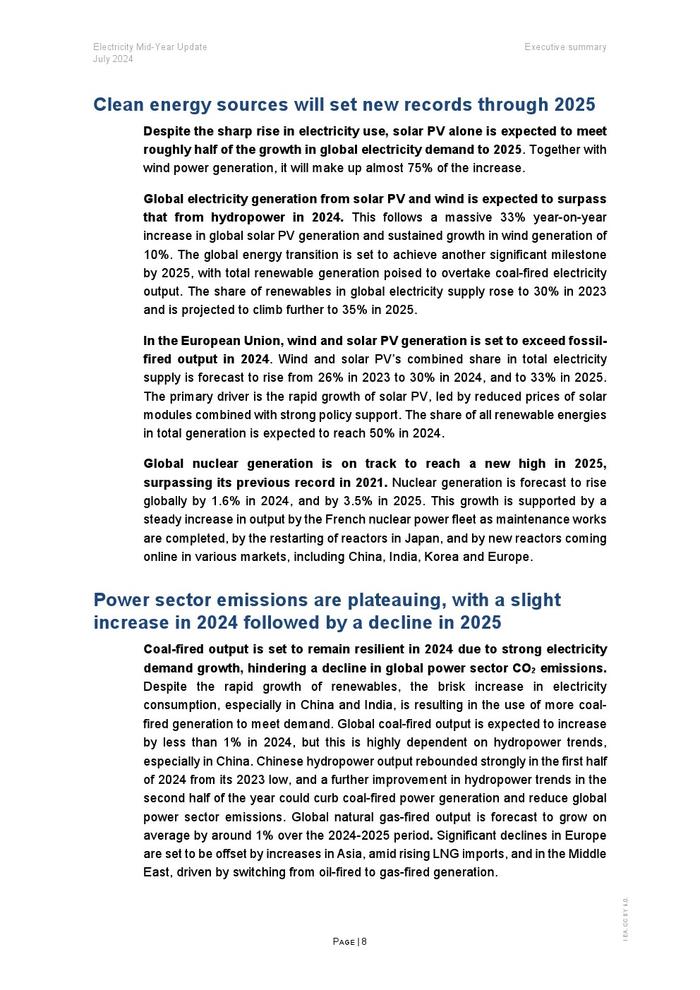 IEA：2024年年中电力报告