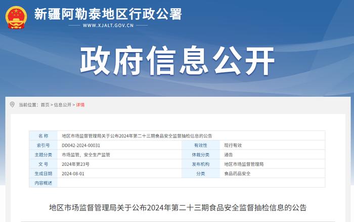 新疆阿勒泰地区市场监督管理局关于公布2024年第二十三期食品安全监督抽检信息的公告