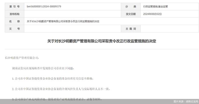 因存在部分产品无风险评级等问题，明爵资管被监管责令改正