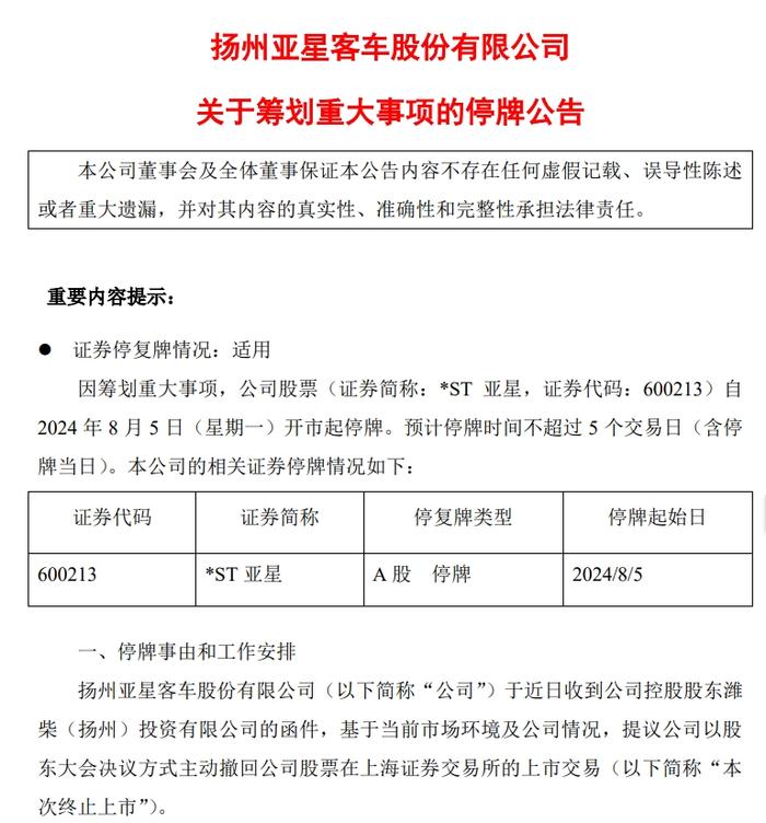 罕见！*ST亚星公司宣布：控股股东提议，拟主动退市！系扬州首家上市公司