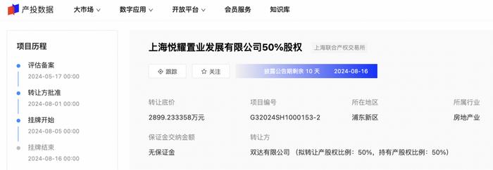 大悦城地产、上海前滩挂牌转让上海悦耀100%股权，底价5798万元