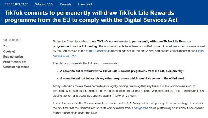 欧盟称TikTok已承诺永久撤出TikTok Lite奖励计划，数字服务法案“首案”了结