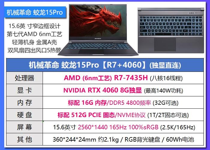 机械革命推出蛟龙 15 Pro 笔记本：R7-7435H+RTX4060，5499 元起