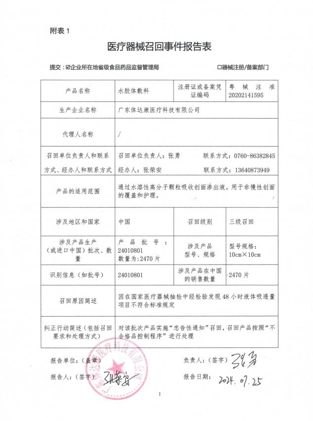 广东体达康医疗科技有限公司对水胶体敷料主动召回