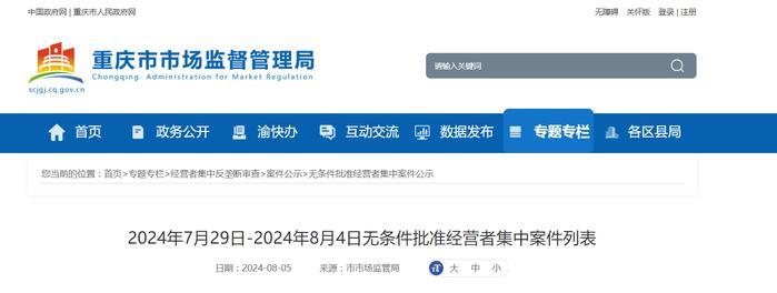 2024年7月29日-2024年8月4日无条件批准经营者集中案件列表