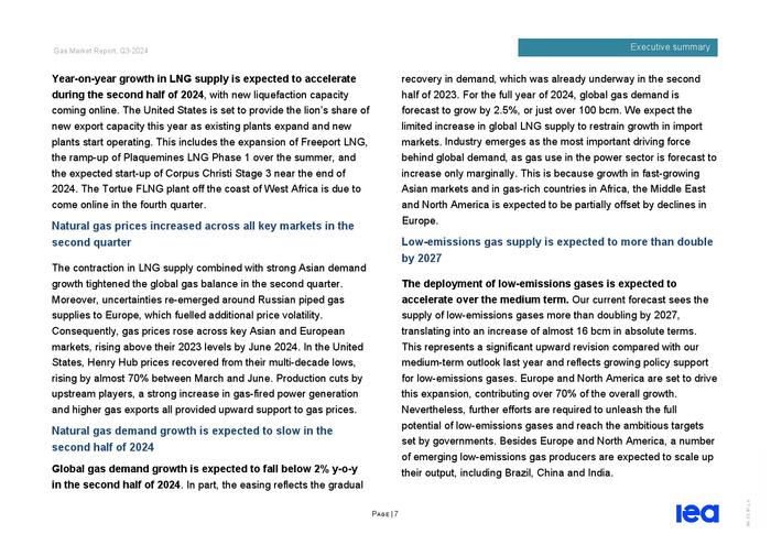 IEA：2024年第三季度天然气市场报告
