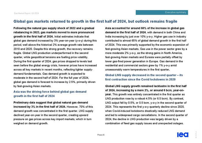 IEA：2024年第三季度天然气市场报告