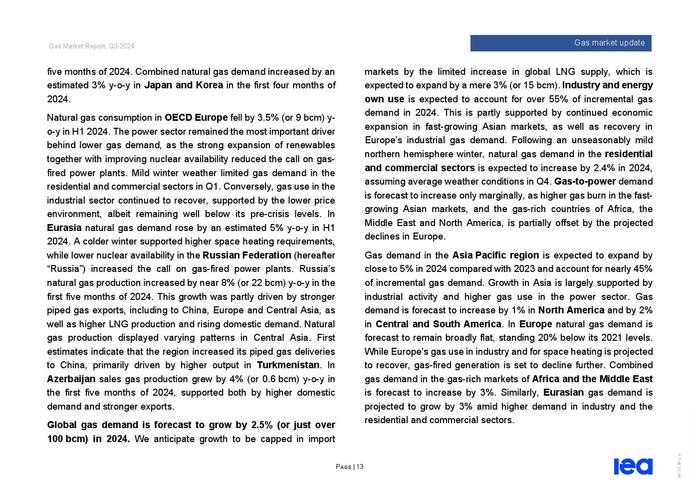 IEA：2024年第三季度天然气市场报告