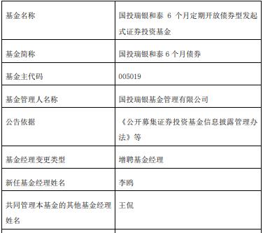 国投瑞银和泰6个月债券增聘基金经理李鸥