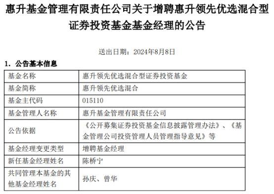 惠升基金2只混基增聘基金经理陈桥宁