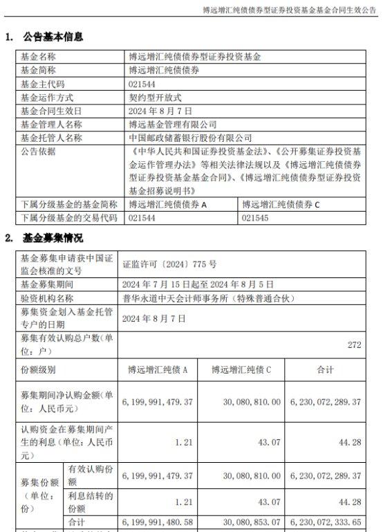 博远增汇纯债债券成立 募集金额62.3亿元