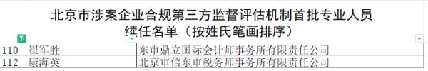 东审财税崔军胜、康海英两位专家被续聘为首批北京市涉案企业合规第三方监督评估机制专业人员