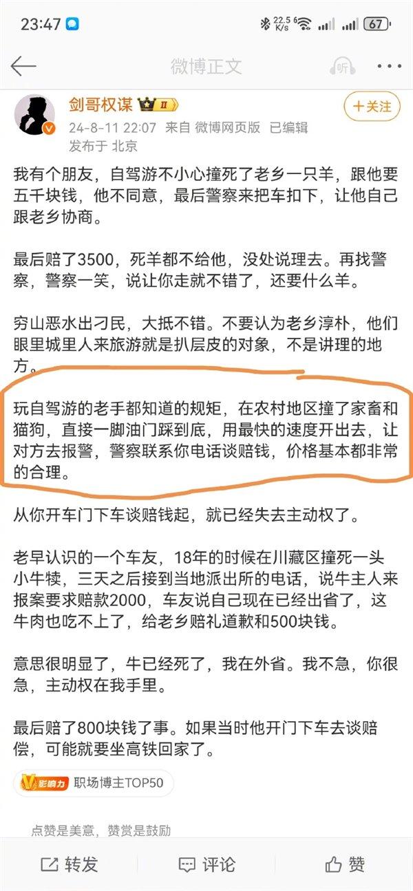 农村撞死羊赔3500不让带走 有人建议应该第一时间跑路 博主驳斥