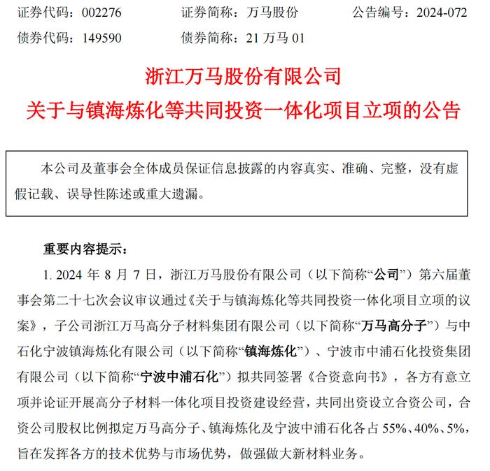 万马股份子公司拟设合资公司，做大新材料业务