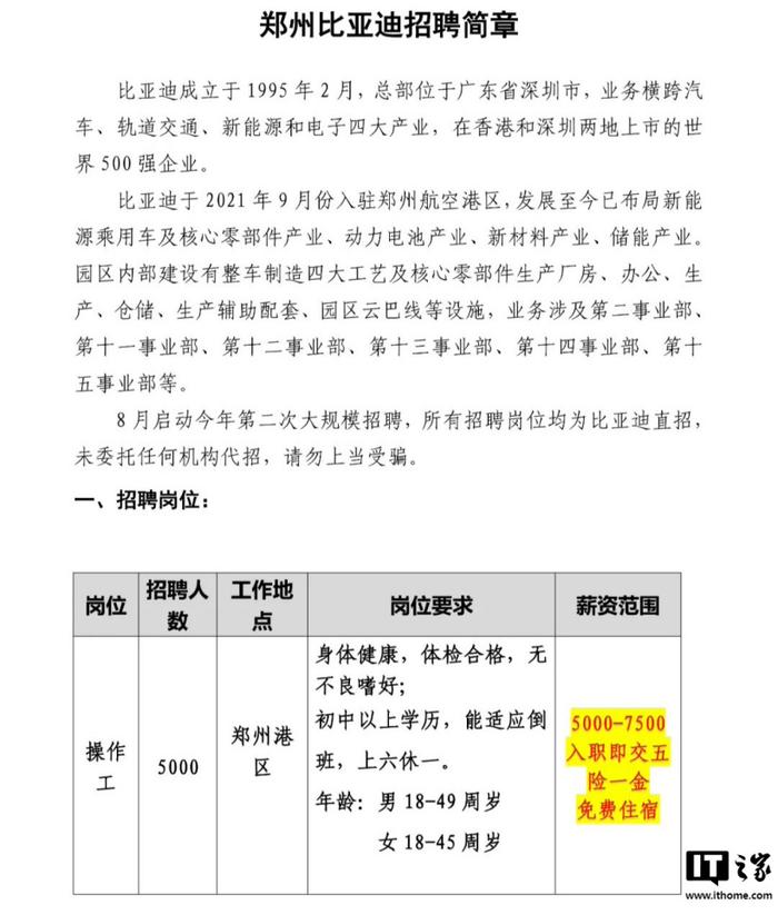 比亚迪郑州基地宣布启动年内第二次大规模招聘，单月规模 4000 人