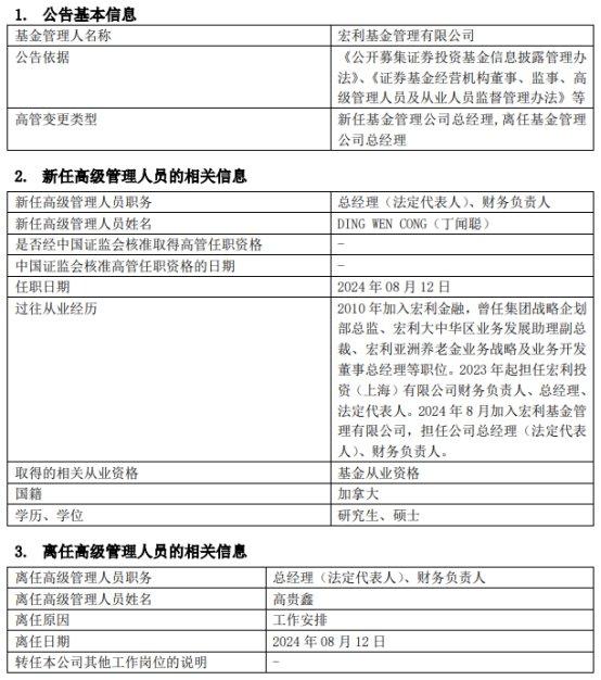 宏利基金总经理兼财务负责人高贵鑫离任 丁闻聪接任