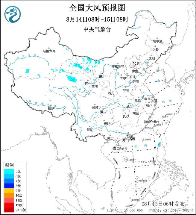 中央气象台：大风预报48小时（08/13）