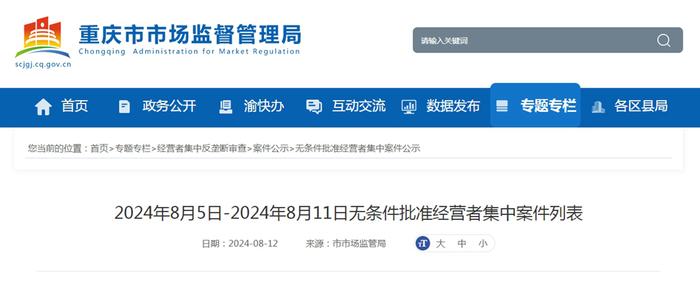 2024年8月5日-2024年8月11日无条件批准经营者集中案件列表