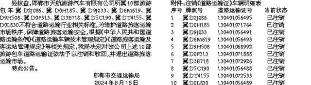 关于注销冀D2J086等10部客车车辆《道路运输证》的公告