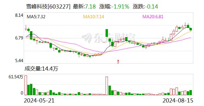 雪峰科技：2024年半年度净利润约3.92亿元 同比下降21.8%