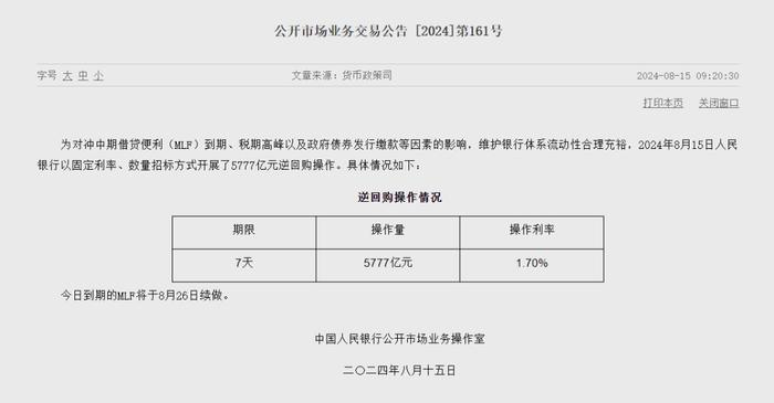 5777亿，央行再次大手笔逆回购