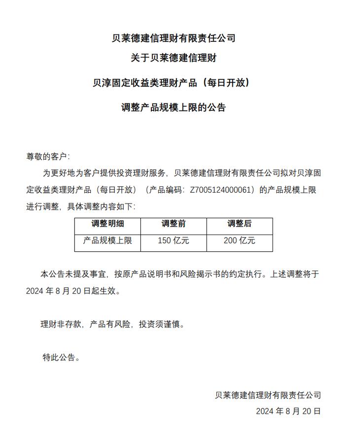 贝莱德建信理财：拟调整贝淳固定收益类理财产品（每日开放）规模上限