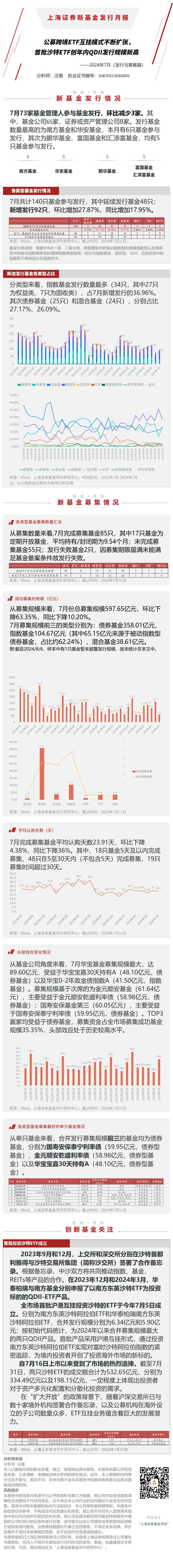 2024年7月新基金发行月报（发行与募集篇）：公募跨境ETF互挂模式不断扩张首批沙特ETF创年内QDII发行规模新高