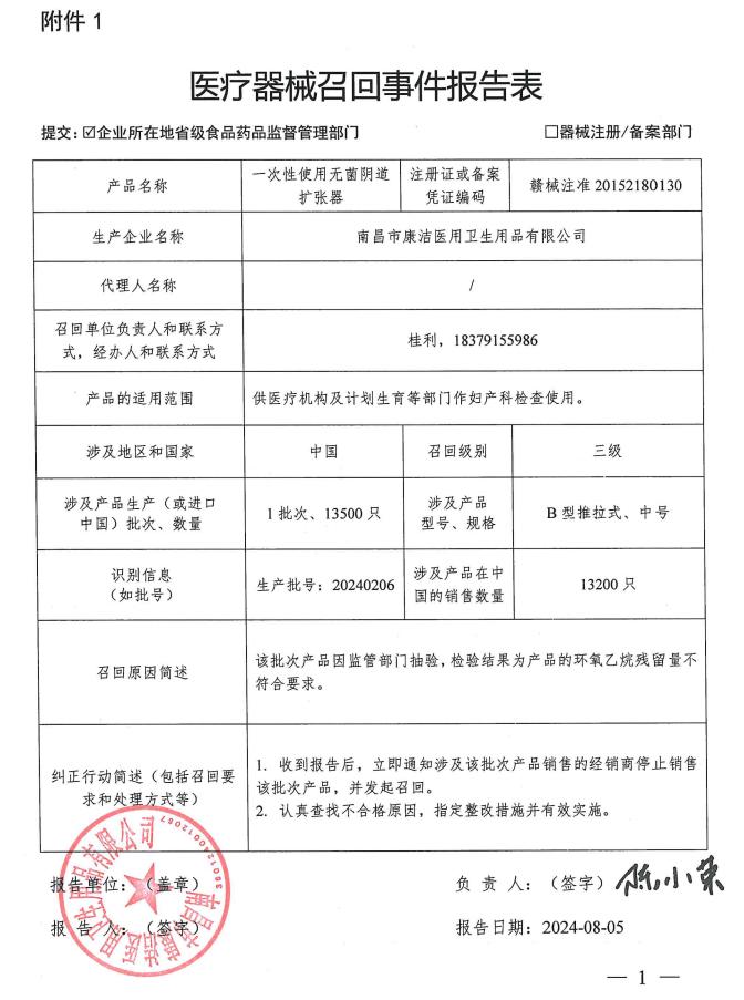 医疗器械召回信息公开（2024年8月20日）-南昌市康洁医用卫生用品有限公司