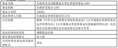 东海祥龙混合(LOF)增聘基金经理张立新