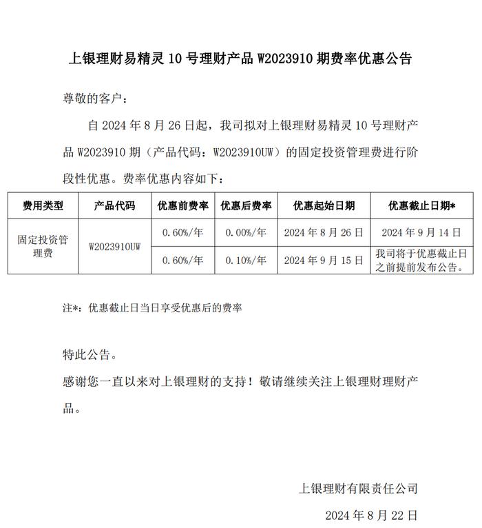 上银理财：拟对易精灵10号理财产品W2023910期费率进行优惠