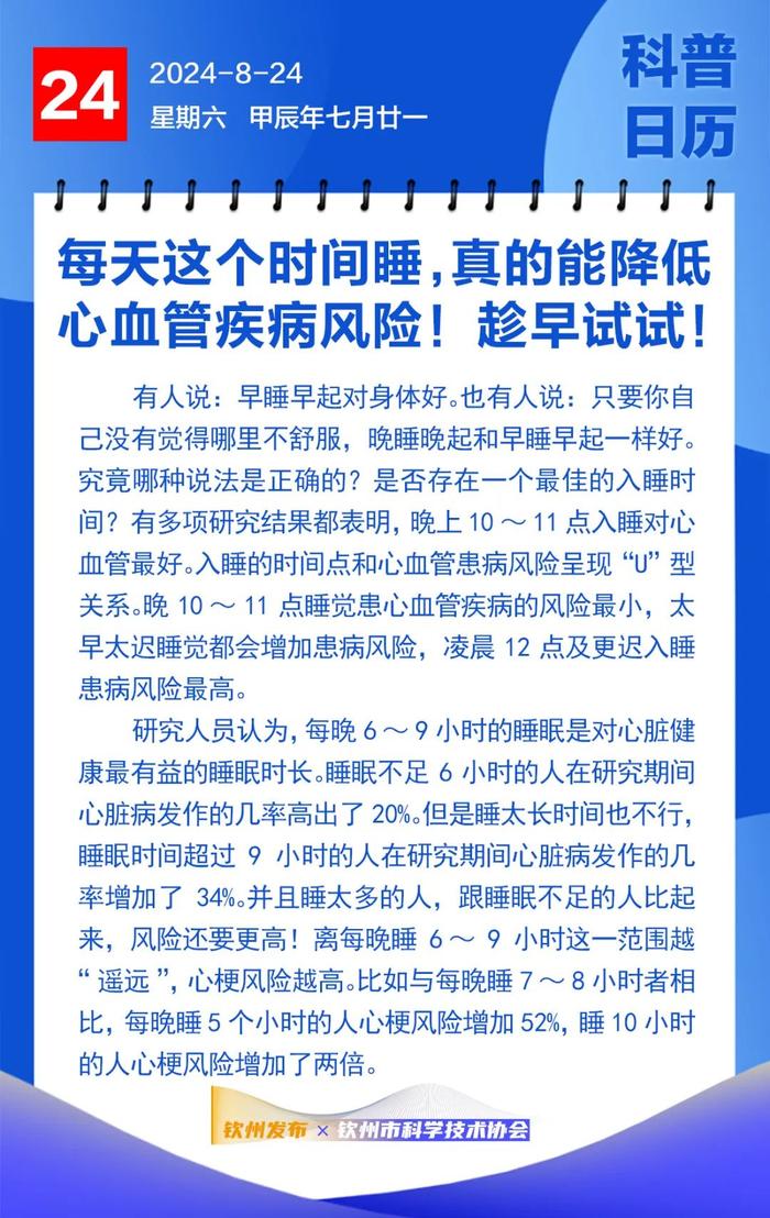 钦州科普日历丨每天这个时间睡，真的能降低心血管疾病风险！趁早试试！