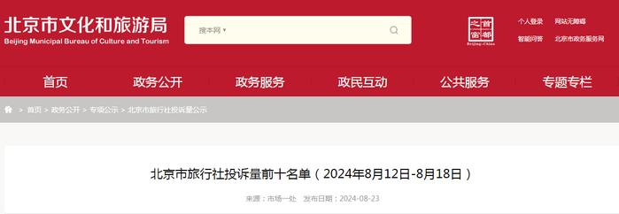 北京市旅行社投诉量前十名单（2024年8月12日-8月18日）