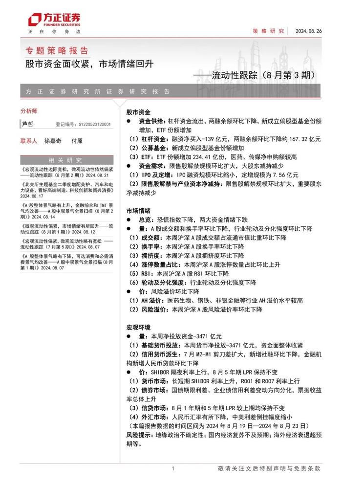 【方正策略】股市资金面收紧，市场情绪回升 ——流动性跟踪（8月第3期）