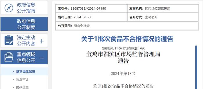 陕西省宝鸡市渭滨区市场监督管理局关于1批次食品不合格情况的通告