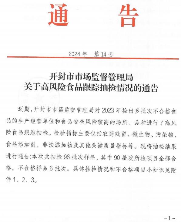 河南省开封市市场监督管理局关于高风险食品跟踪抽检情况的通告2024年第14号