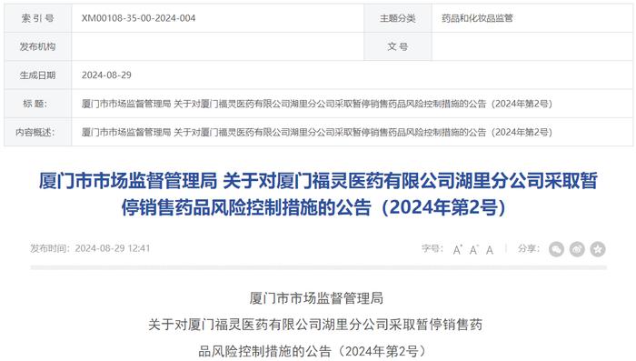 厦门福灵医药有限公司湖里分公司被采取暂停销售药品风险控制措施