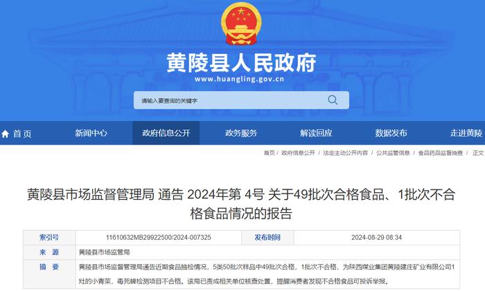 陕西省黄陵县市场监督管理局 通告 2024年第 4号 关于49批次合格食品、1批次不合格食品情况的报告