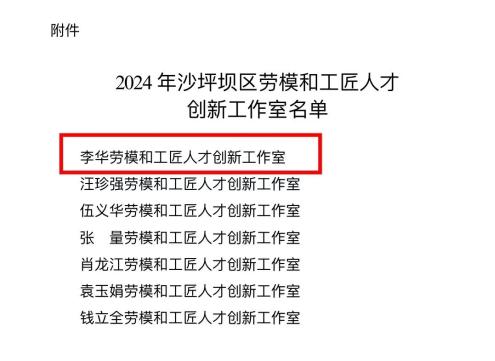 李华劳模和工匠人才创新工作室被命名为2024年度沙坪坝区劳模和工匠人才创新工作室