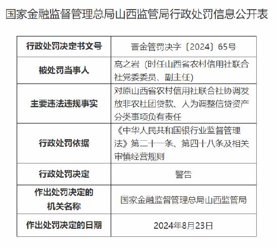 山西省农村信用社联合社副主任高之岩被警告：因协调发放非农社团贷款、人为调整信贷资产分类事项