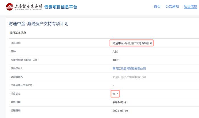 青岛汇泉日昇贸易有限公司ABS项目终止！
