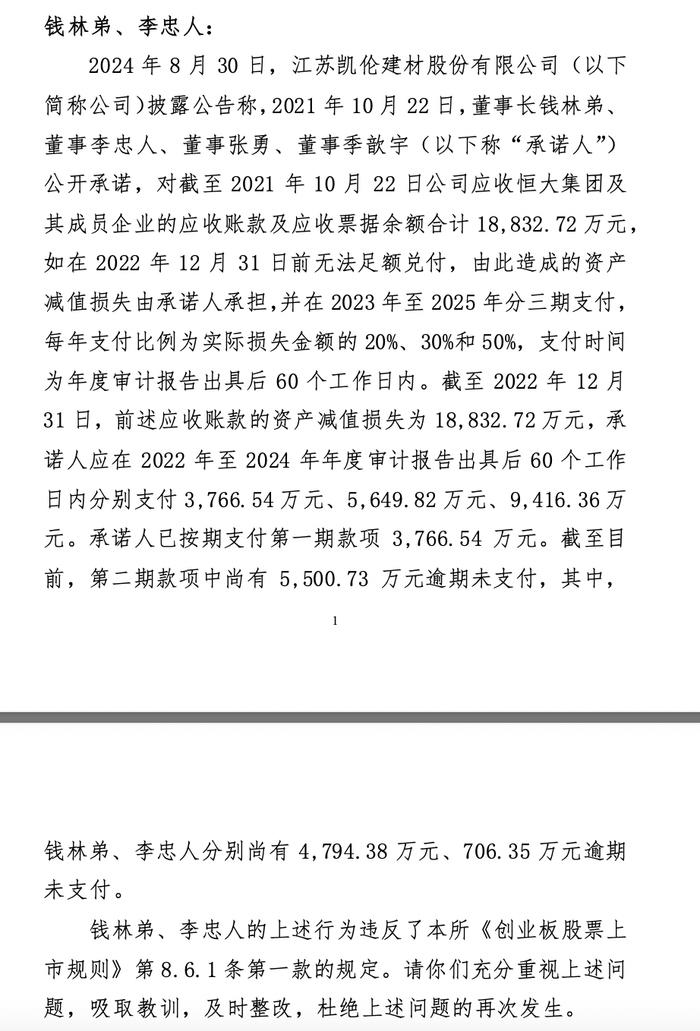 凯伦股份董事长钱林弟等收监管函，因违反承诺未按时支付补偿款