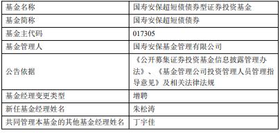 国寿安保旗下4只基金增聘基金经理朱松涛