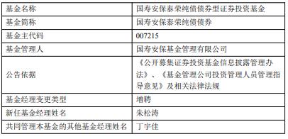 国寿安保旗下4只基金增聘基金经理朱松涛