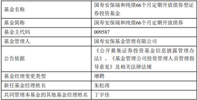 国寿安保旗下4只基金增聘基金经理朱松涛