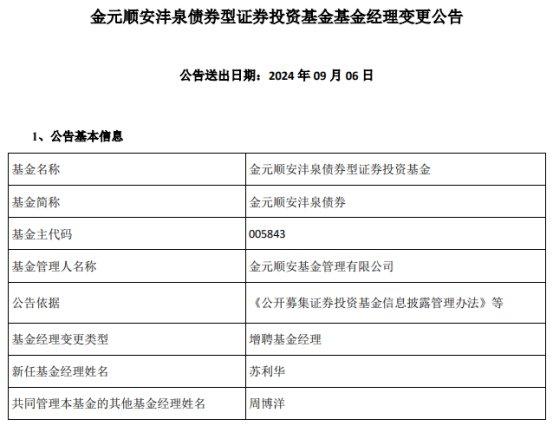 金元顺安沣泉债券增聘基金经理苏利华