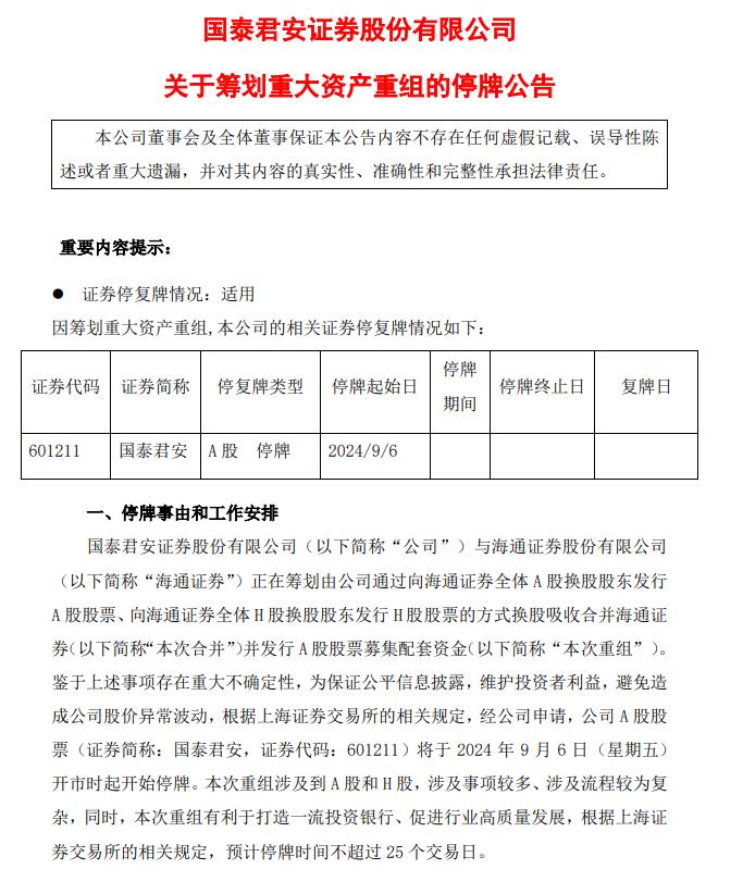 国泰君安、海通证券两大头部券商官宣合并 公司股票9月6日起停牌