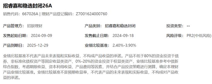 招银理财招睿嘉和稳选封闭26号9月9日起发行，A份额业绩比较基准2.4%-3.9%