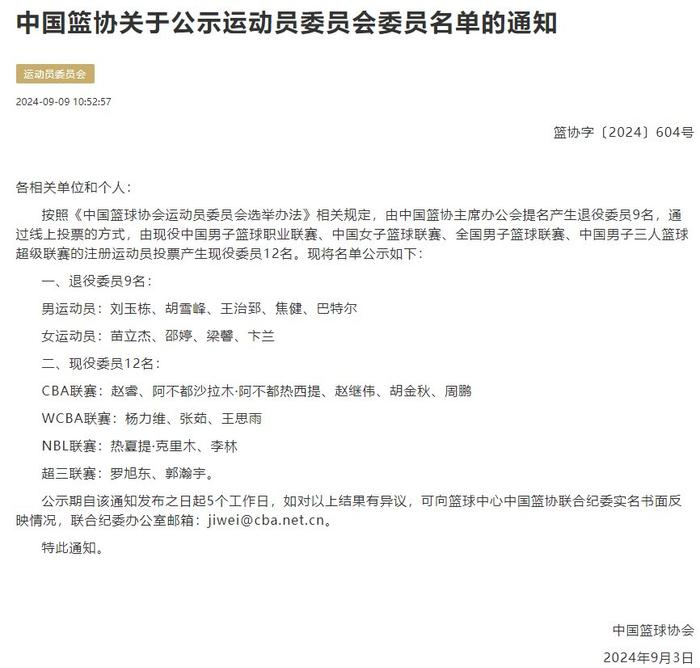 中国篮协公示运动员委员会名单:21名球员 刘玉栋/王治郅/赵睿在列