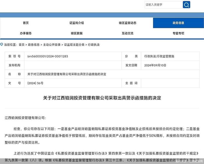 因基金净值触及止损线后未按合同处理 铂润投资被监管出具警示函